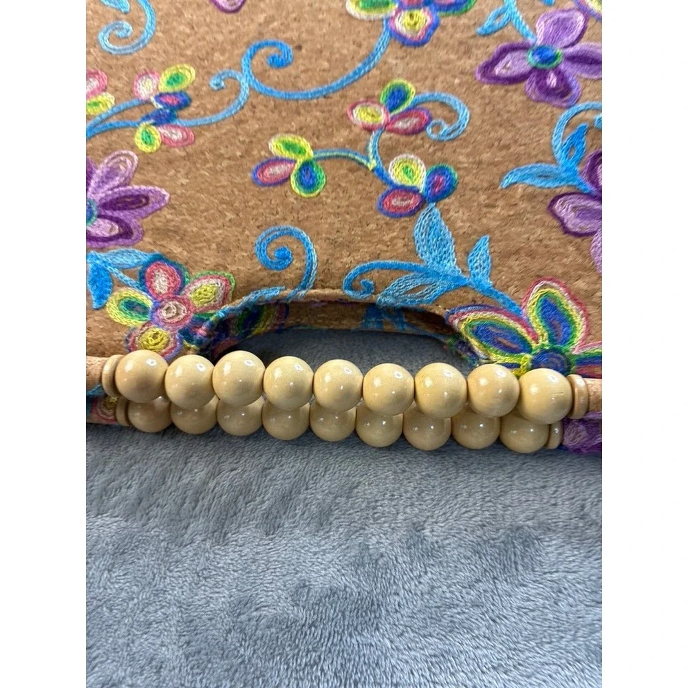 Floral Embroidered Cork Handbag Wooden Bead‎ Top Handle Satchel Tan Multi